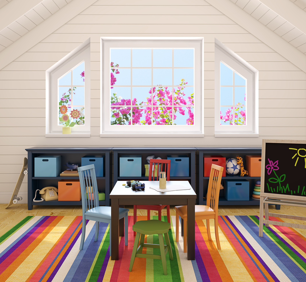 Colorful playroom interior in converted attic.