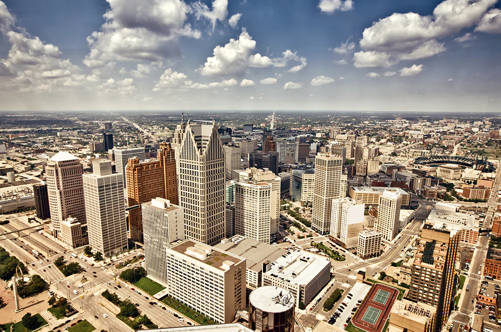 Downtown Detroit. Aerial view of abandoned downtown of Detroit, Michigan